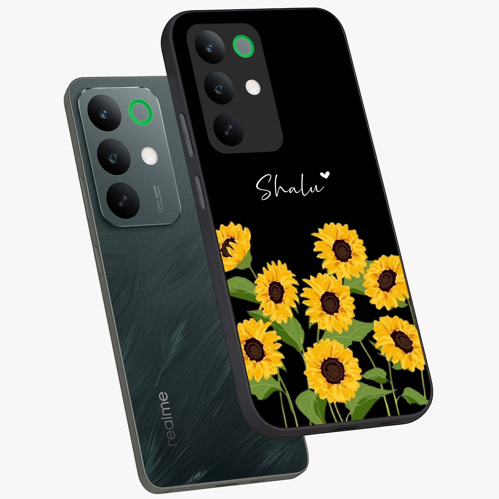 Sunflower Chic Mood Custom Name Glass Case displayed in angled mockup highlighting vibrant sunflower design with custom name feature.