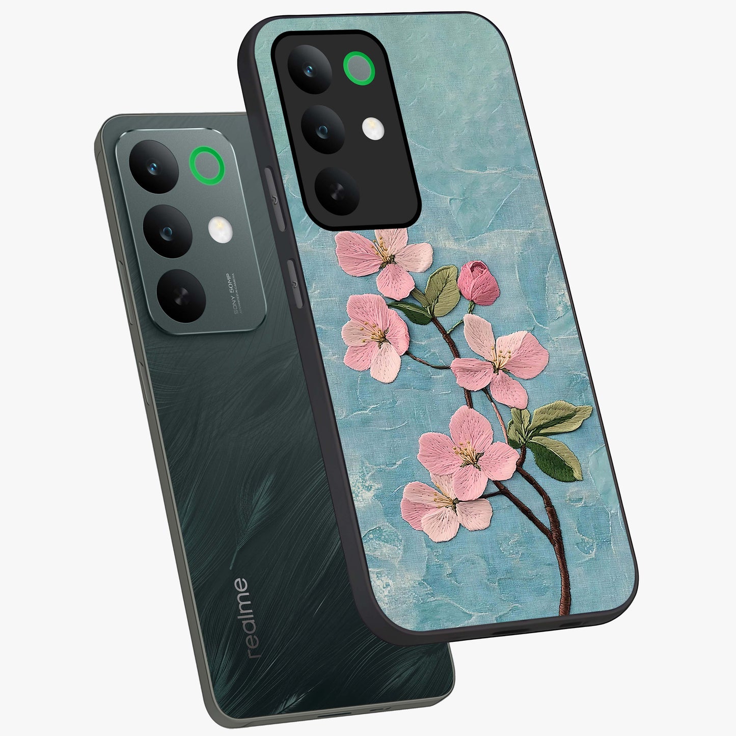 Threaded Blossom Breeze Glass Case displayed in angled mockup highlighting elegant floral design with soft aesthetic style.