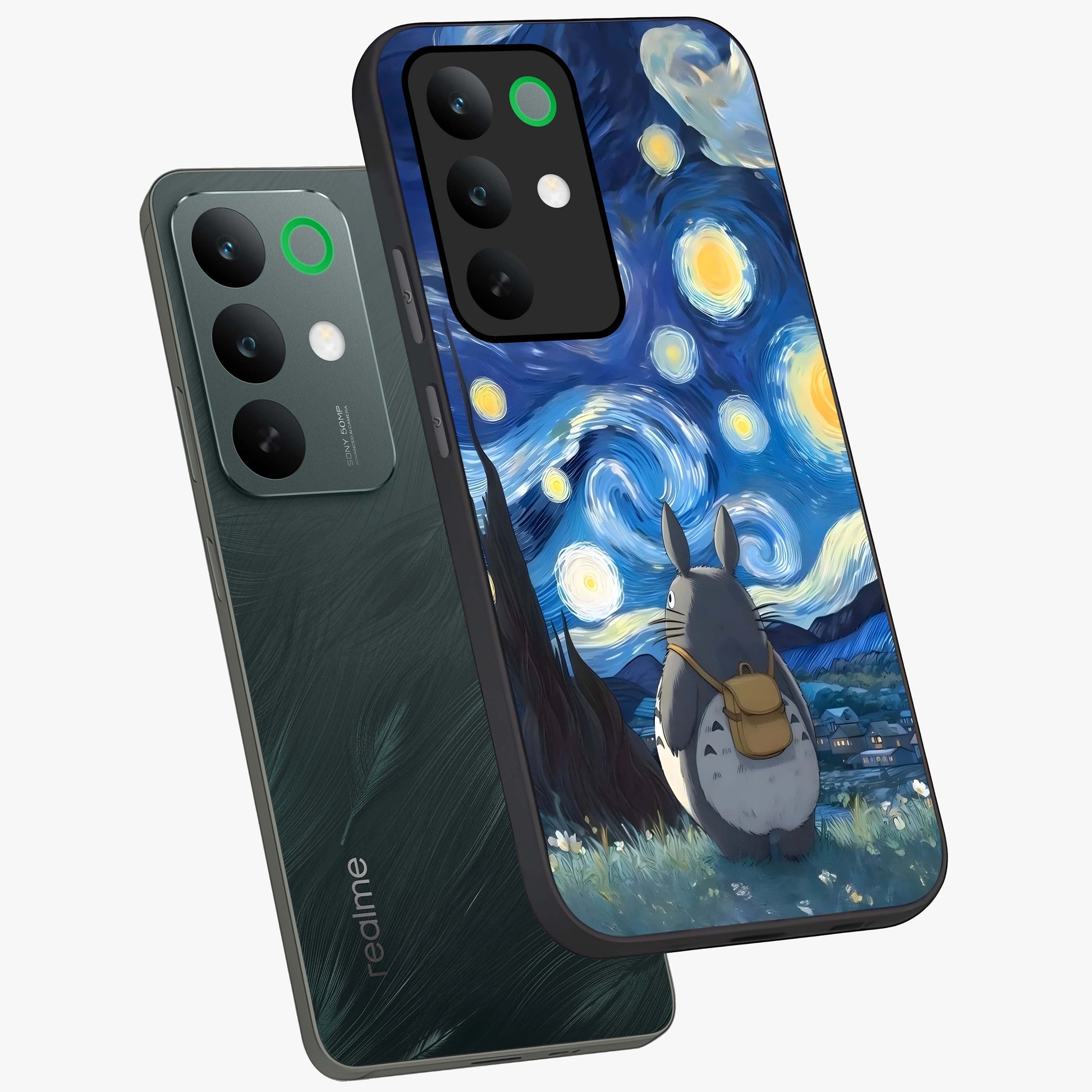 Totoro In Van Gogh Art Glass Case displayed in angled mockup highlighting artistic swirling sky design with playful animation aesthetic.