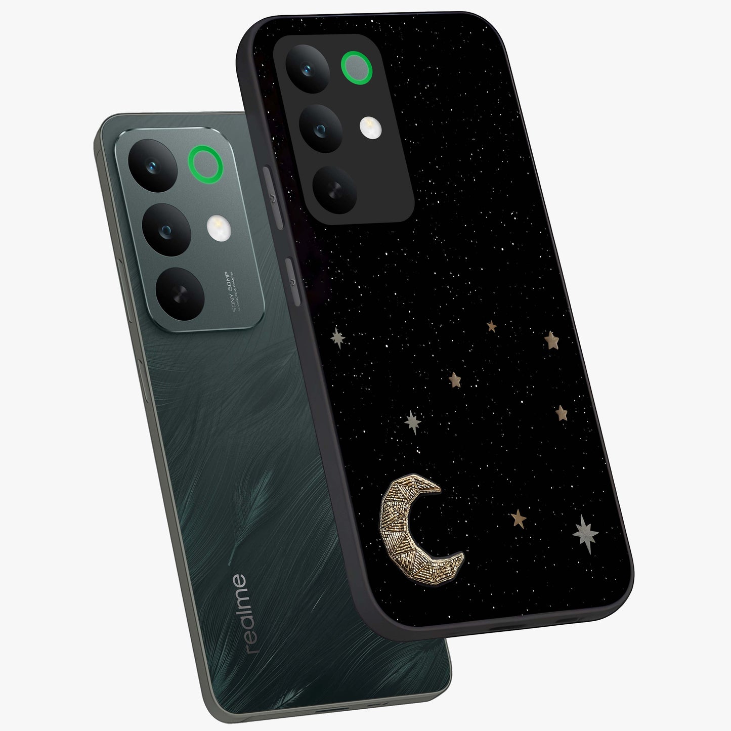 Twinkle Star With Half Moon Glass Case displayed in angled mockup highlighting celestial moon and star design with magical aesthetic.