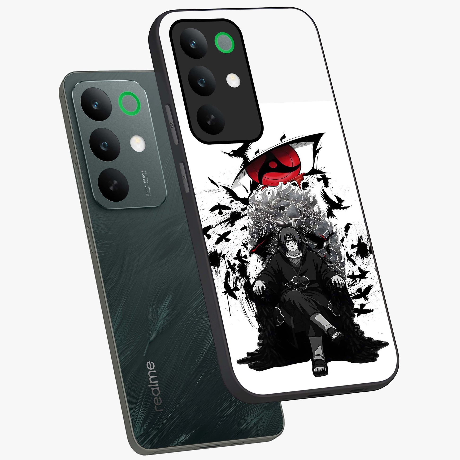Uchiha Shadow Throne Glass Case displayed in angled mockup highlighting glowing aquatic design with celestial aesthetic.