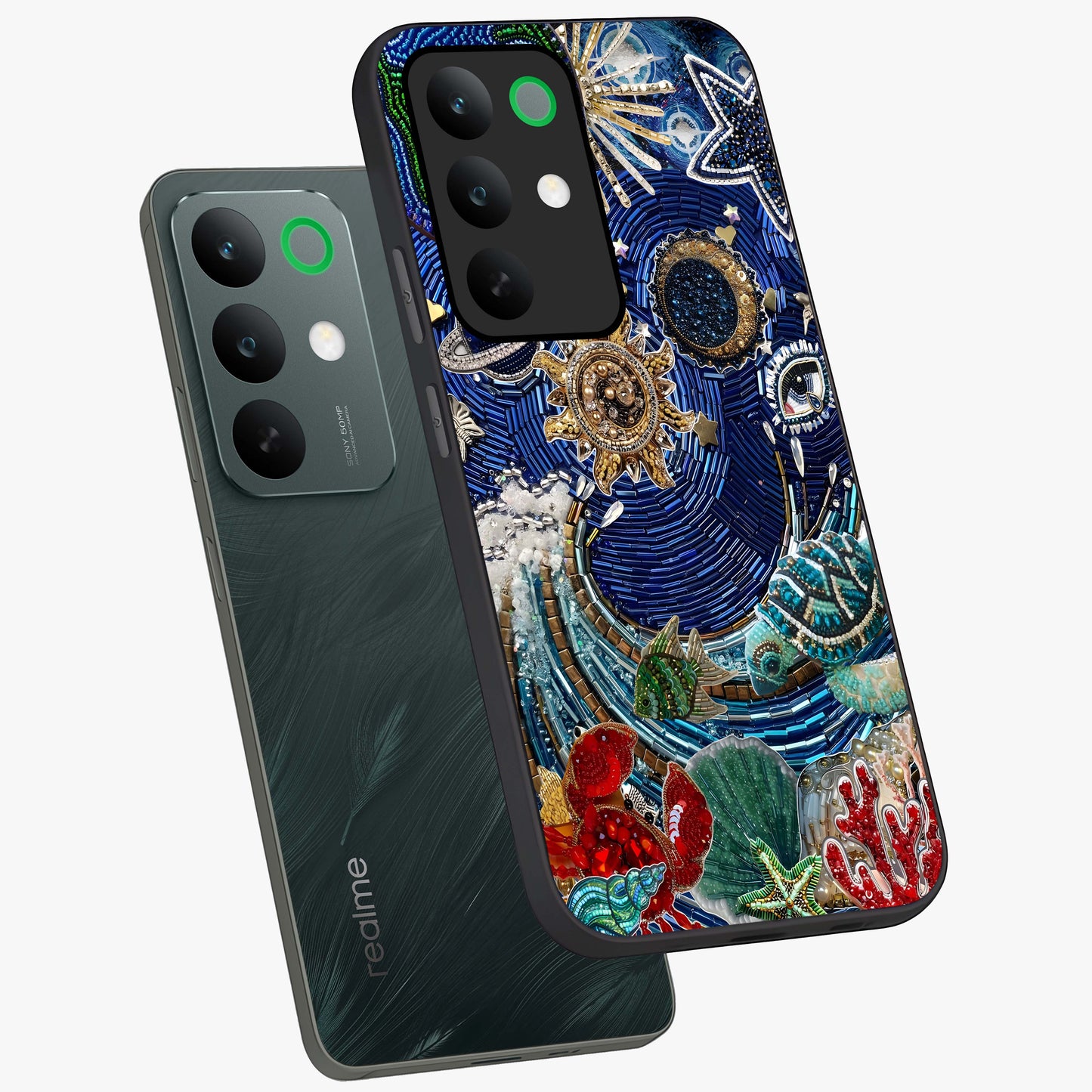 Universe Underwater Spark Glass Case displayed in angled mockup highlighting glowing aquatic design with celestial aesthetic.