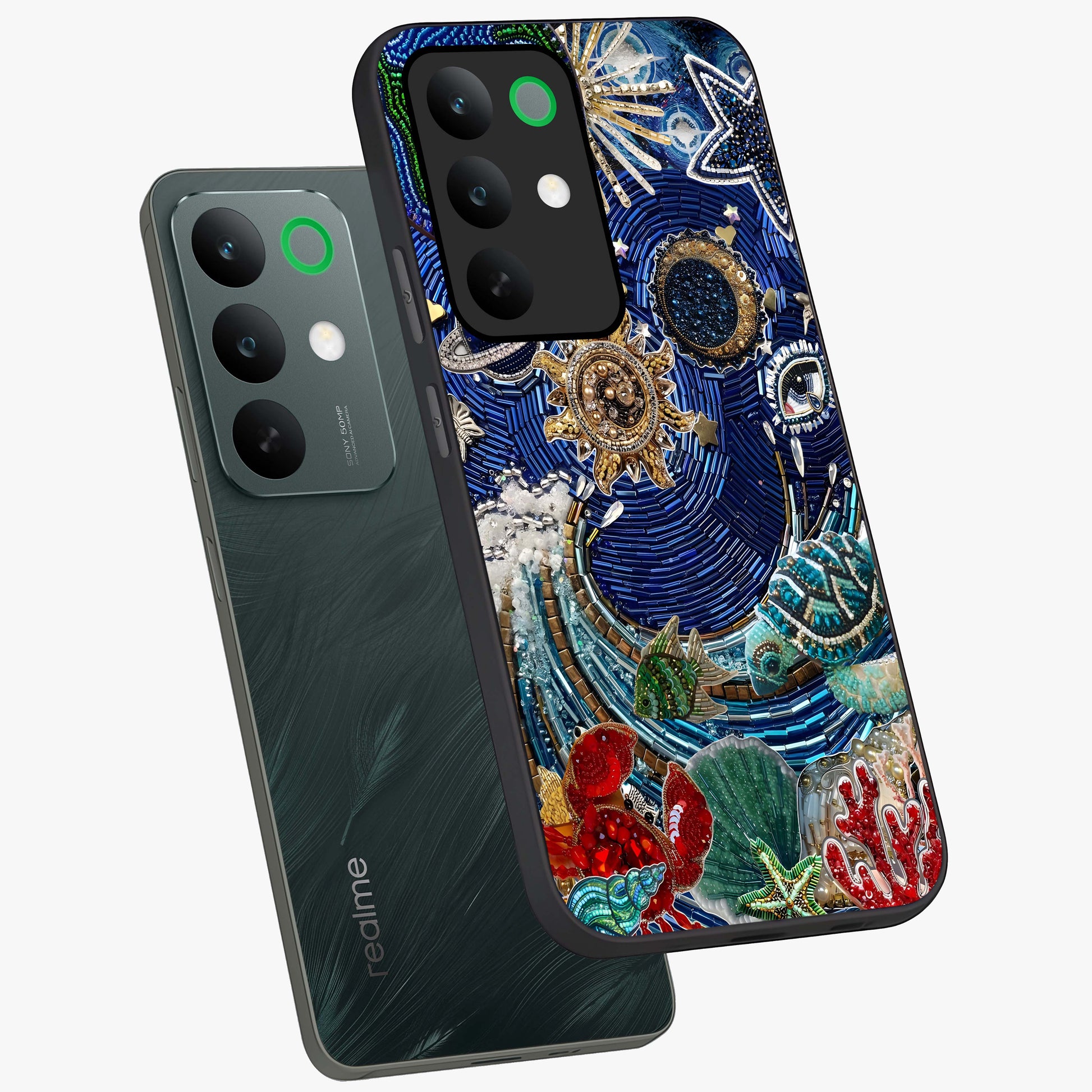 Universe Underwater Spark Glass Case displayed in angled mockup highlighting glowing aquatic design with celestial aesthetic.