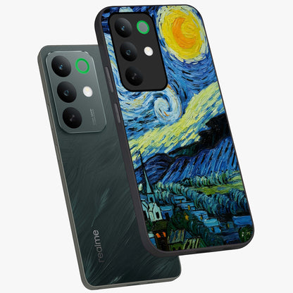 Van Gogh Art Glass Case displayed in angled mockup highlighting swirling brushstroke design with artistic aesthetic.