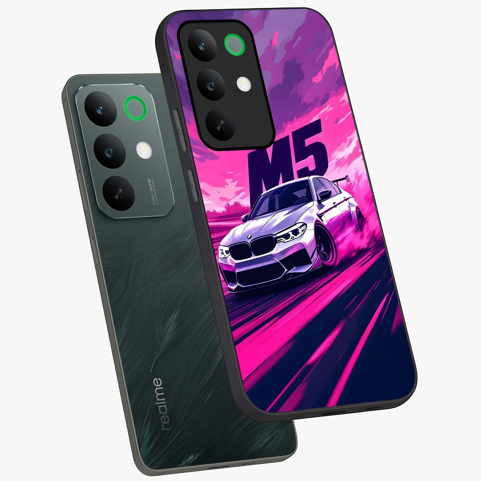 Velocity Drift Pulse Glass Case displayed in angled mockup highlighting dynamic drift design with sporty automotive aesthetic.