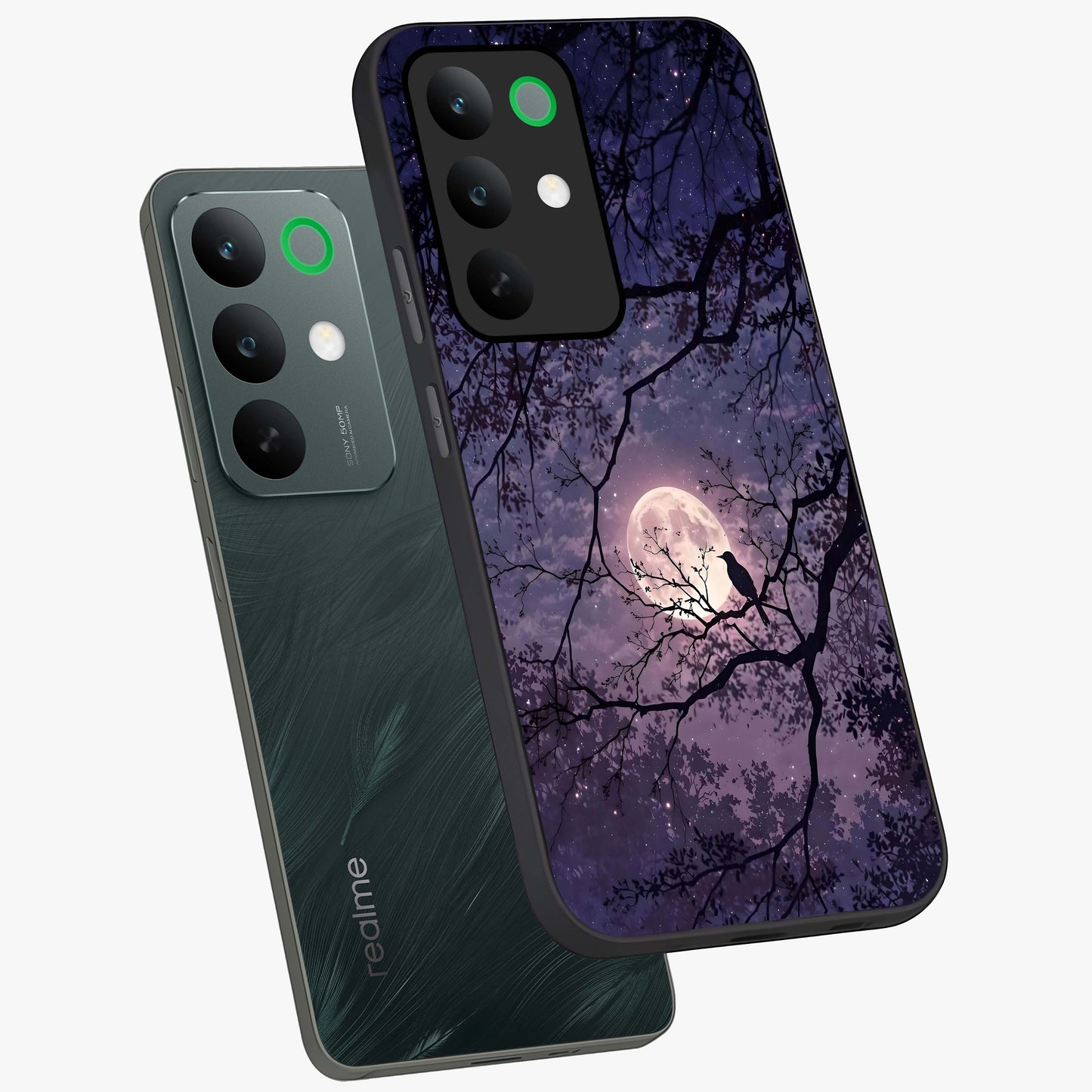 Whispering Moon Silence Glass Case displayed in angled mockup highlighting calm lunar design with dreamy night aesthetic.