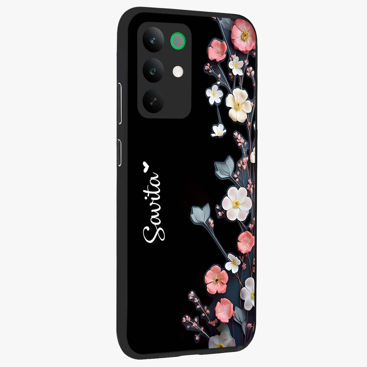 Black Elegance Floral Custom Name Glass Case upright view showcasing luxurious black floral design with personalized name detail.