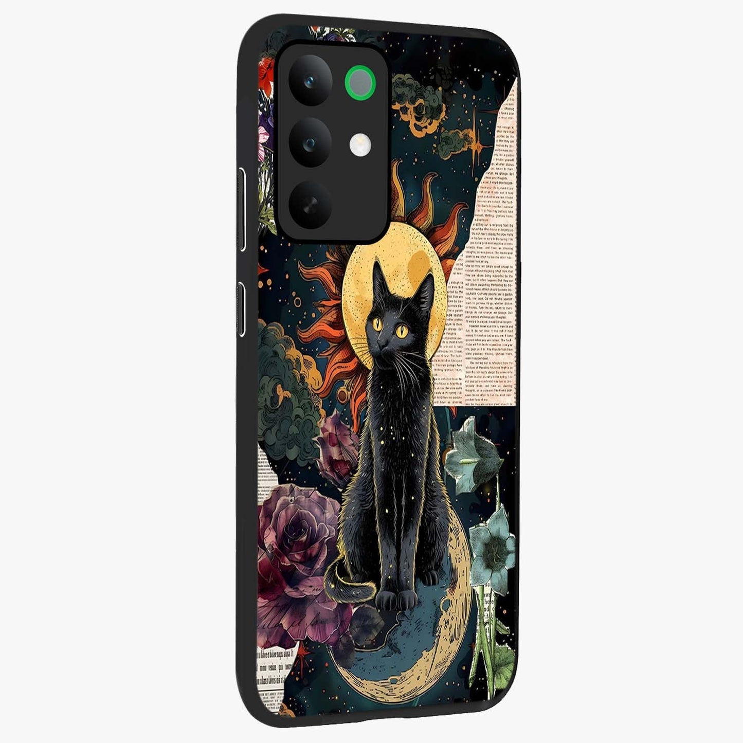 Celestial Black Cat Glass Case upright view showcasing magical black cat illustration with starry cosmic theme.