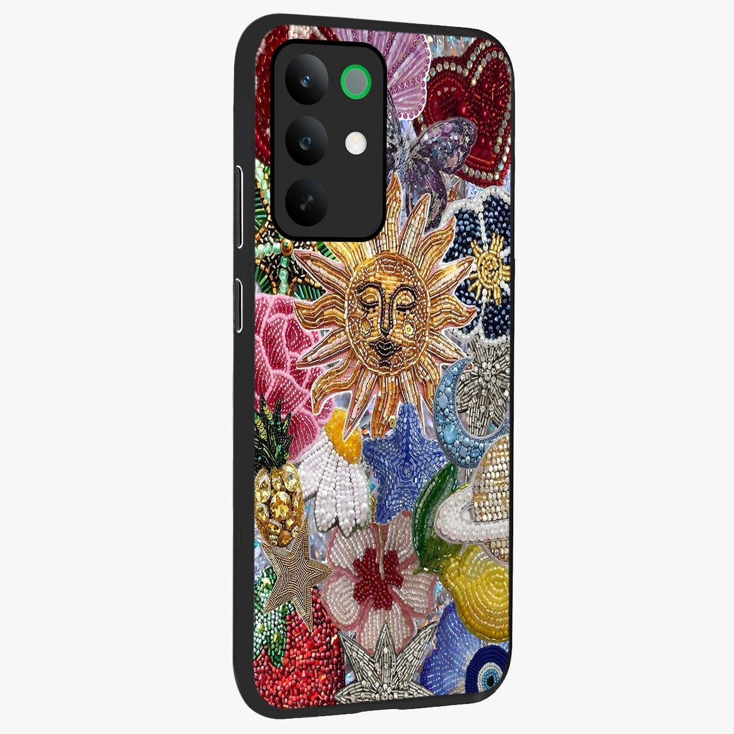 Celestial Floral and Playful Glass Case upright view showcasing whimsical floral artwork with cosmic aesthetic theme.