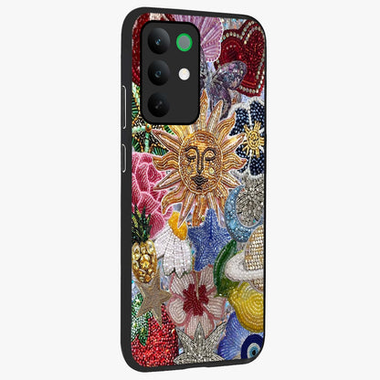 Celestial Floral and Playful Glass Case upright view showcasing whimsical floral artwork with cosmic aesthetic theme.