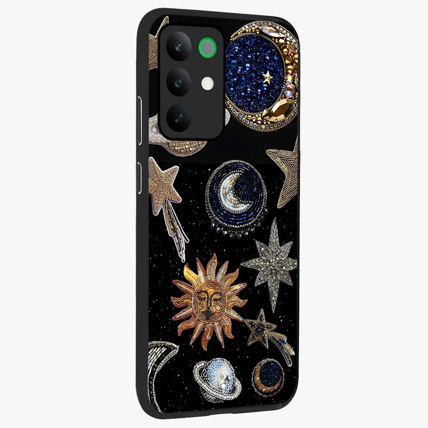Celestial Gem Constellations Glass Case upright view showcasing cosmic constellation artwork with celestial aesthetic style.