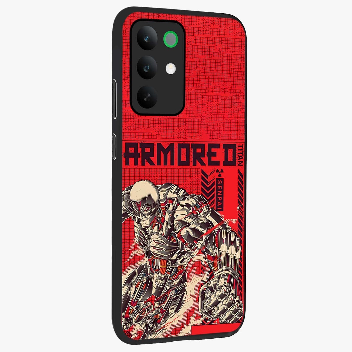 Crimson Mecha Titan Glass Case upright view showcasing dynamic robotic titan design with sci-fi inspired theme.