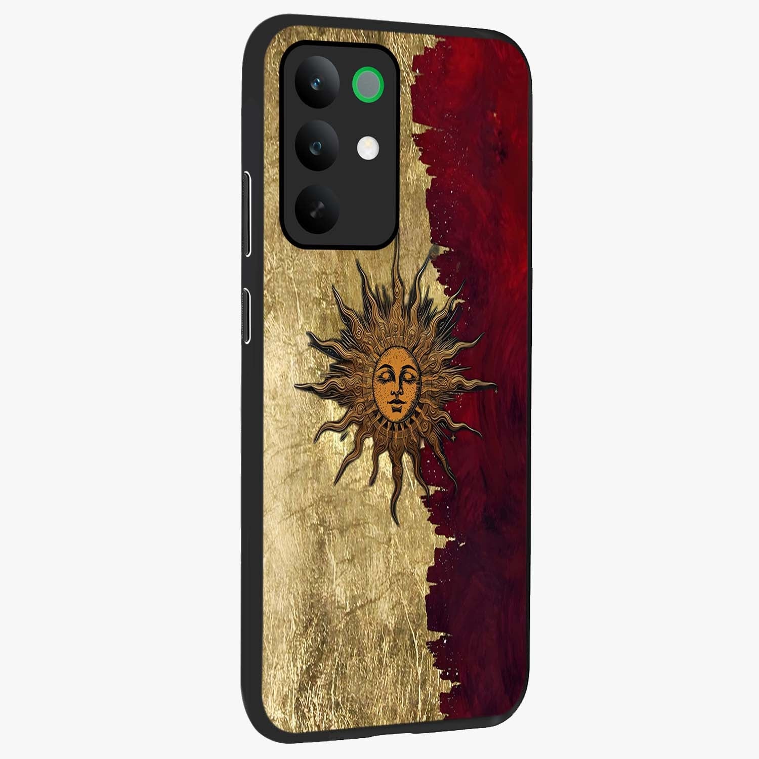 Crimson Sun Majesty Glass Case upright view showcasing vibrant sun artwork with powerful celestial theme.