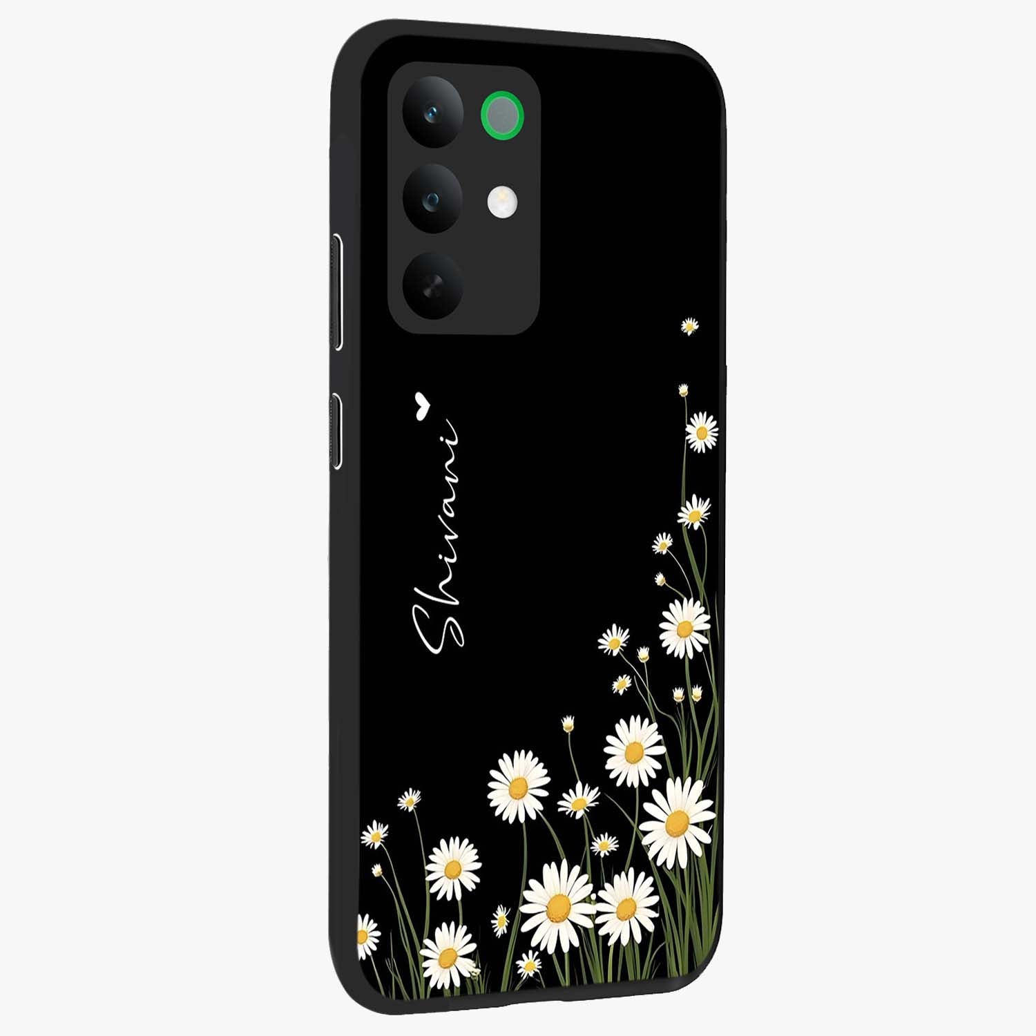 Daisy Cascade Custom Name Glass Case upright view showcasing elegant floral cascade design with personalized aesthetic.