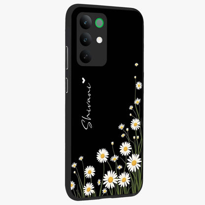 Daisy Cascade Custom Name Glass Case upright view showcasing elegant floral cascade design with personalized aesthetic.