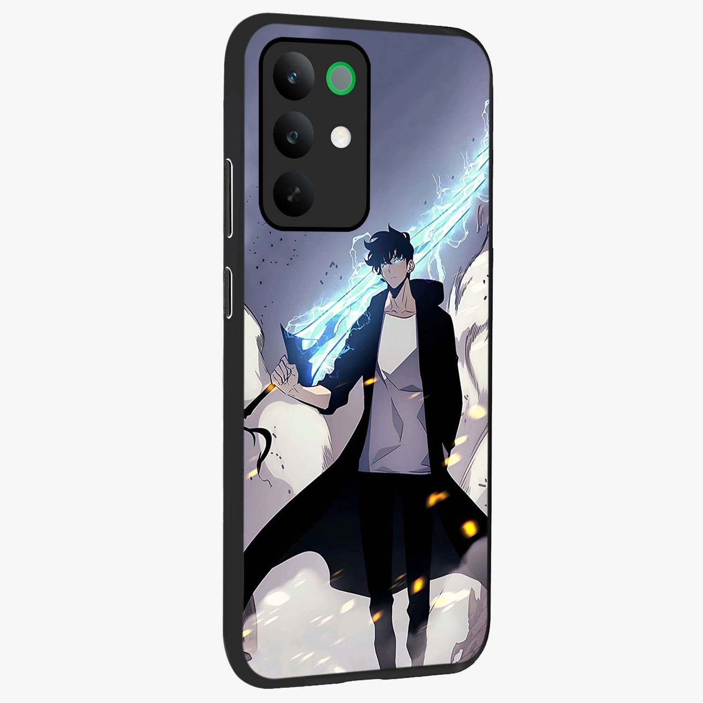 Dark Lightning Anime Warrior Glass Case upright view showcasing dramatic warrior artwork with dark lightning aesthetic.