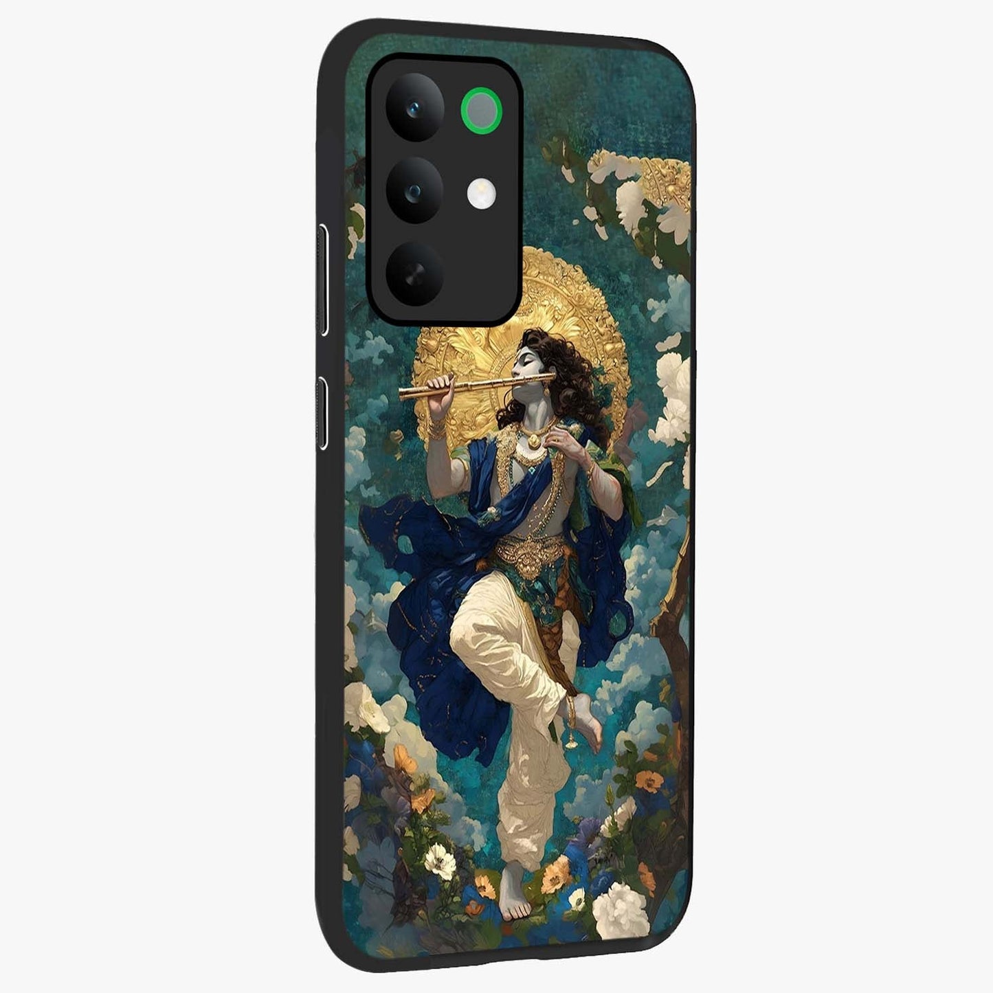 Divine Krishna Art Glass Case upright view showcasing divine Krishna artwork with sacred artistic theme.