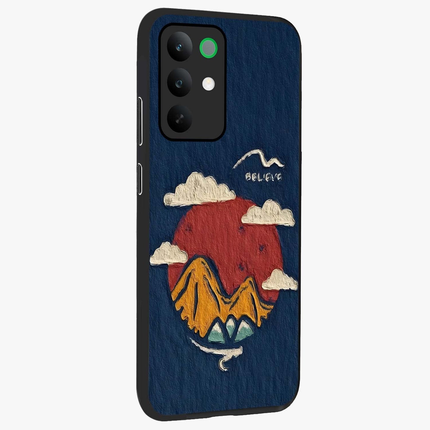 Dream Beyond Mountains Glass Case upright view showcasing beautiful mountain scenery with inspirational nature theme.