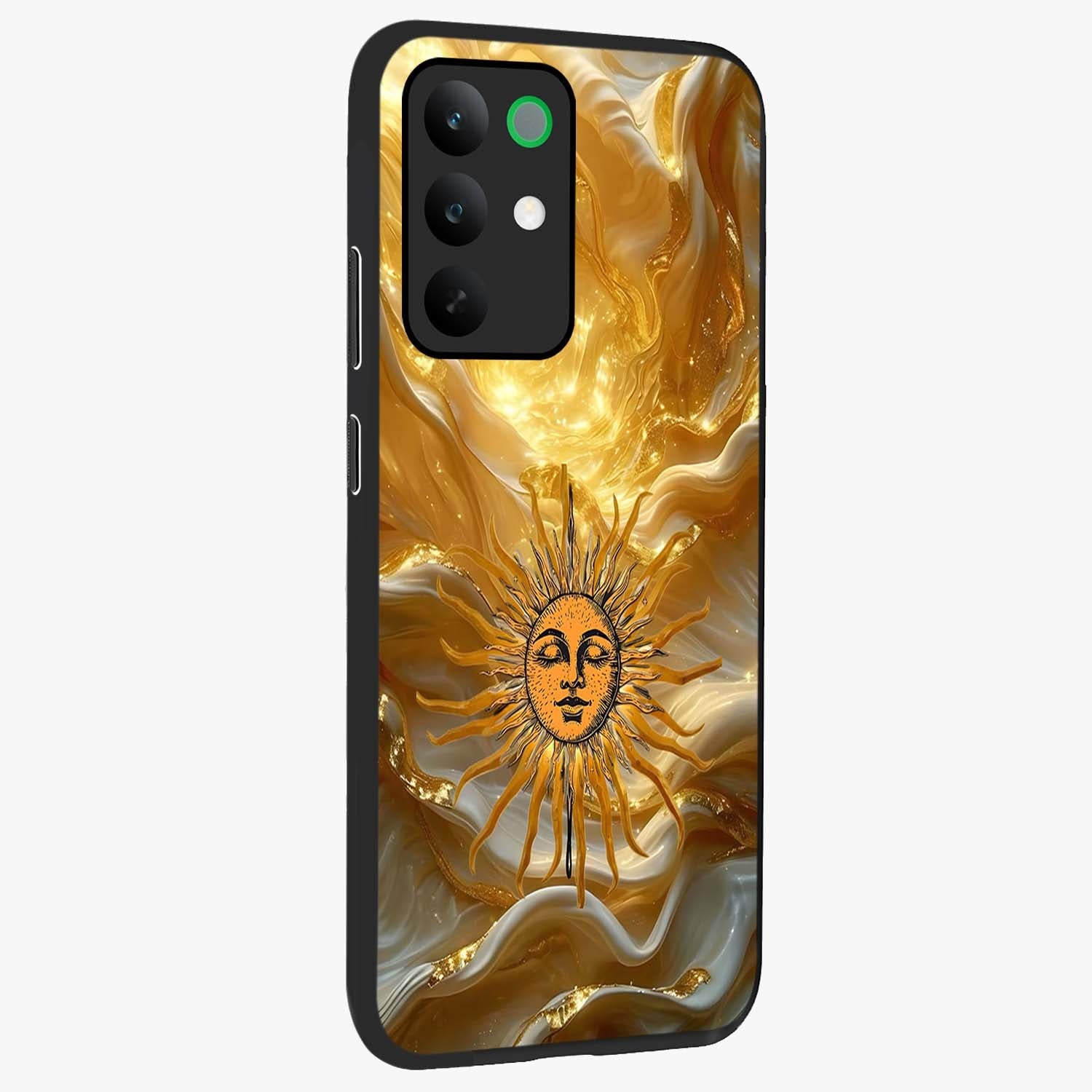 Eternal Golden Glow Glass Case upright view showcasing luminous golden artwork with luxurious visual theme.