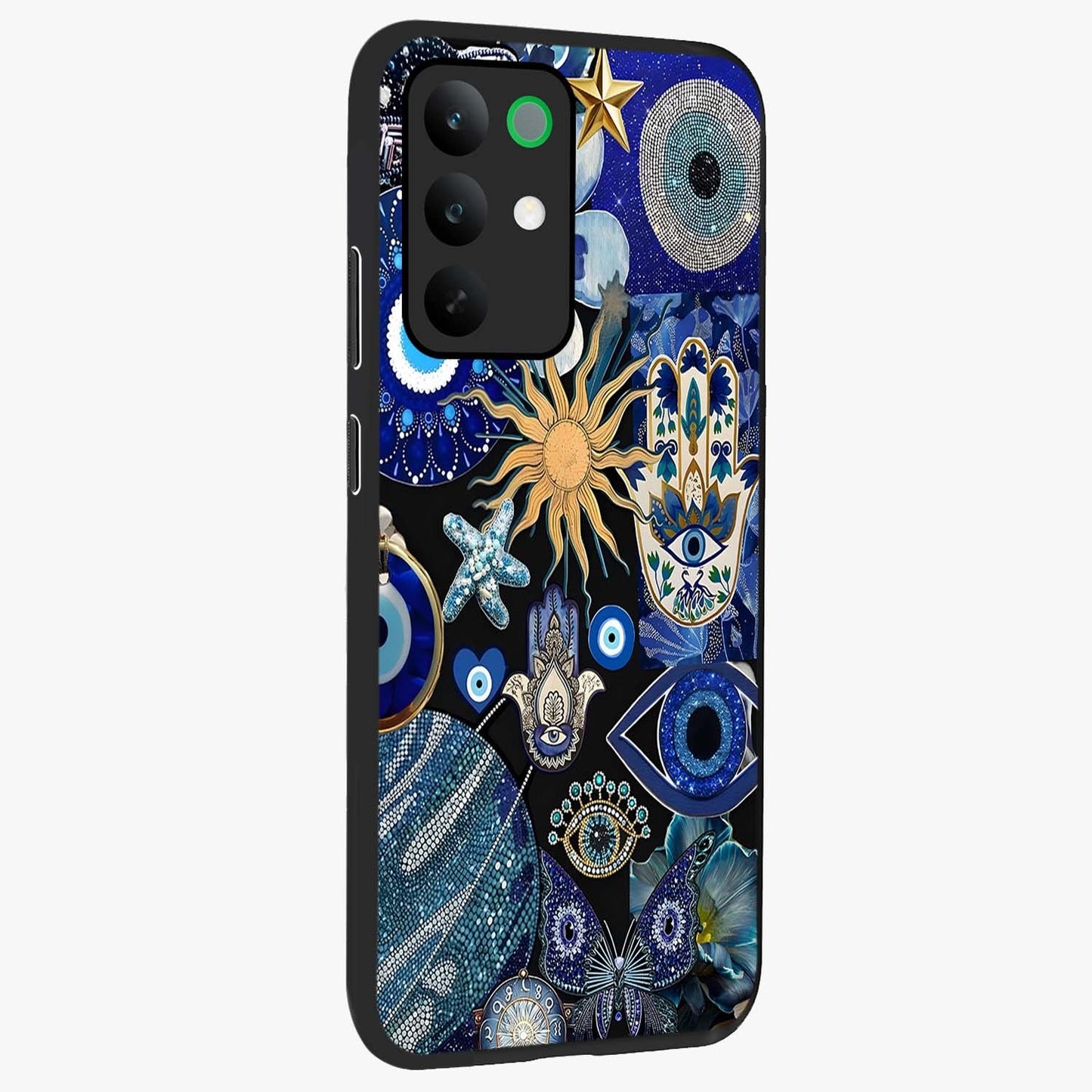 Evil Eye Charm Mix Glass Case upright view showcasing mystical evil eye pattern with vibrant decorative style.