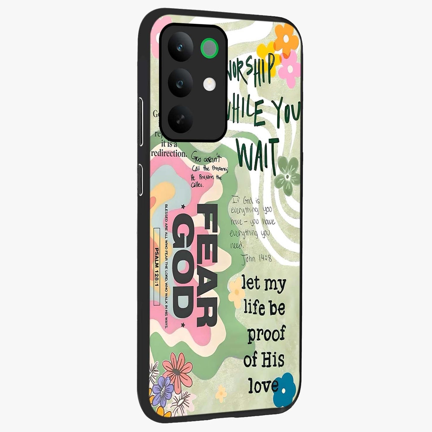 Faith Over Fear Glass Case upright view showcasing bold typography artwork with uplifting motivational theme.