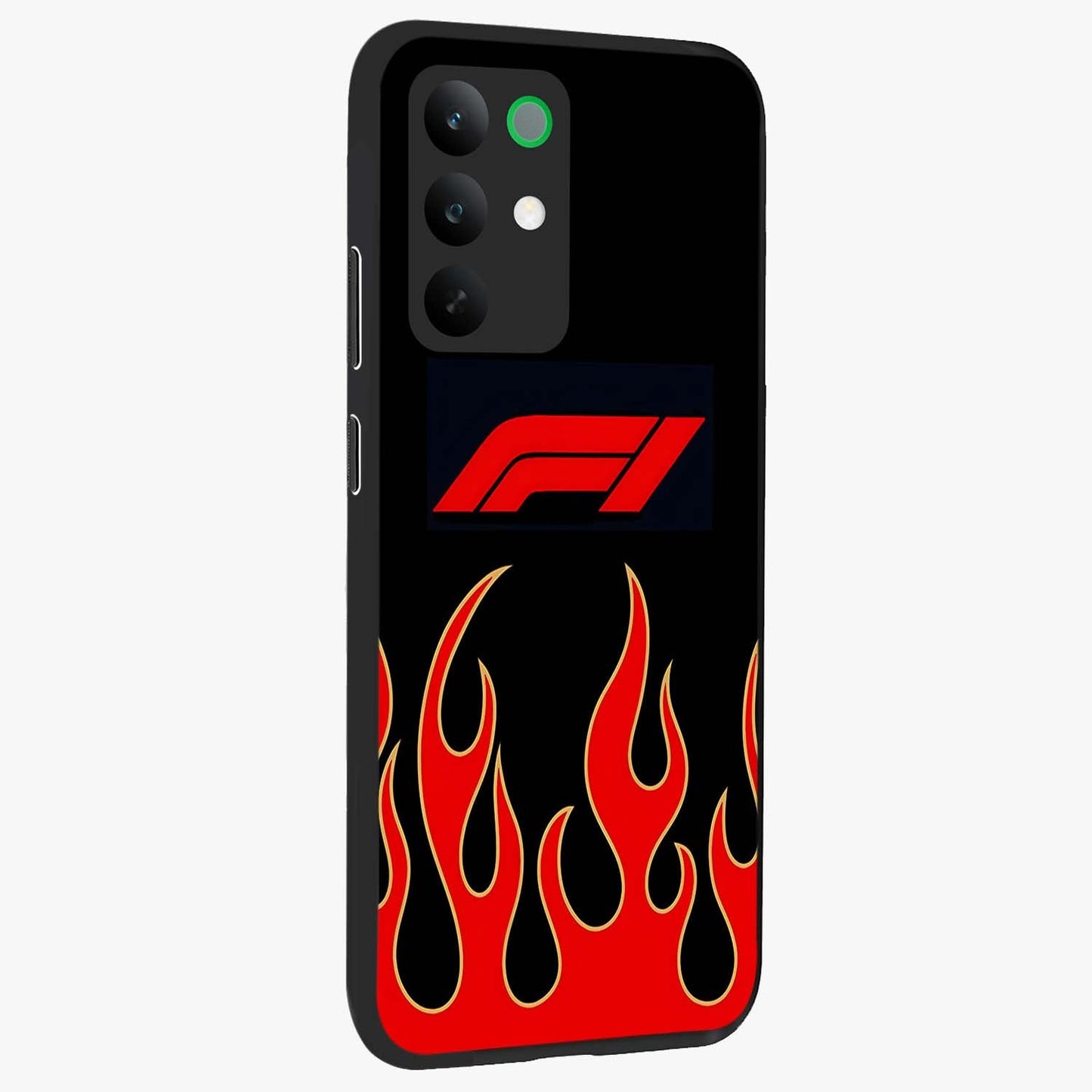 Fire F11 Glass Case upright view showcasing dynamic flame artwork with intense visual theme.