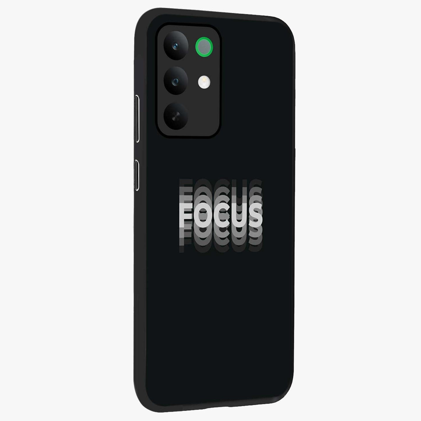 Focus Mode On Glass Case upright view showcasing strong typography statement with sleek motivational theme.