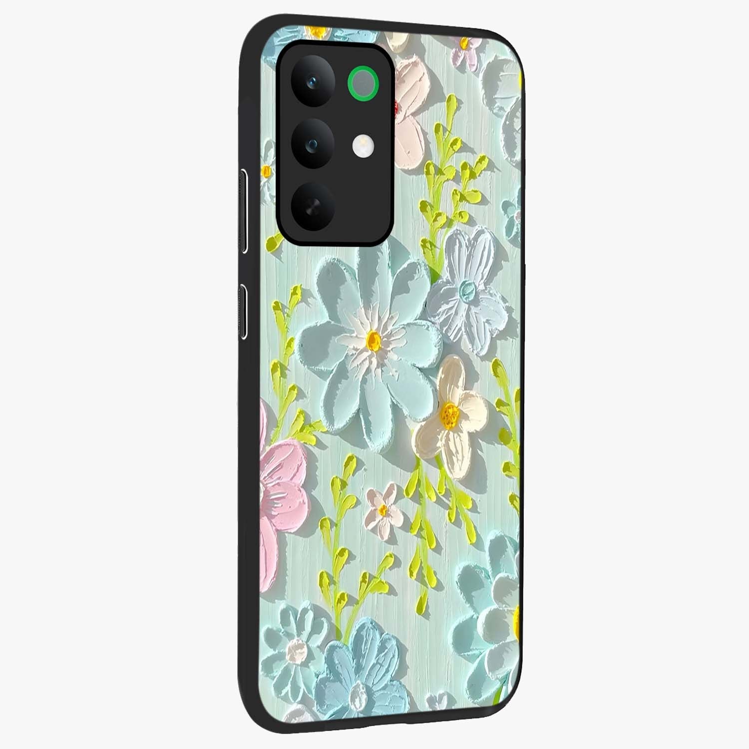 Frosted Petal Garden Glass Case upright view showcasing elegant floral garden artwork with soothing pastel theme.