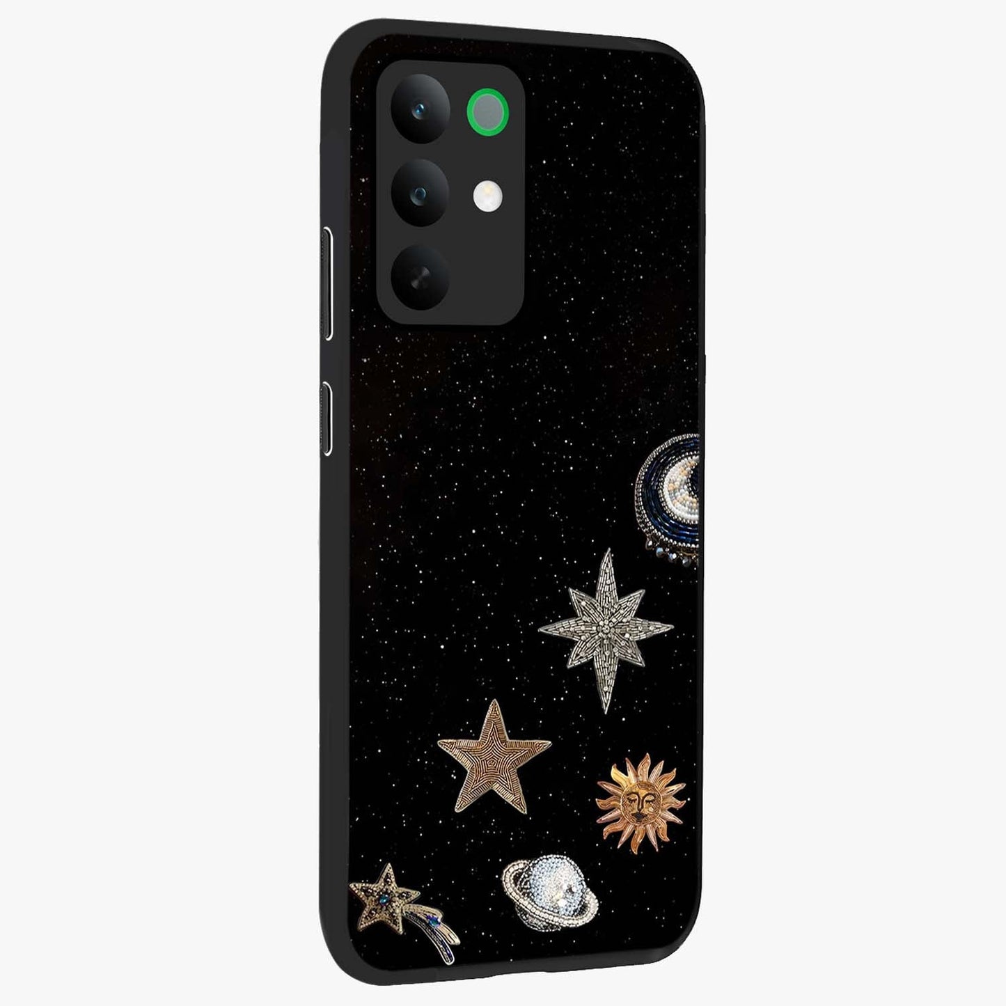 Galactic Charm Glow Glass Case upright view showcasing glowing cosmic charm artwork with magical celestial style.