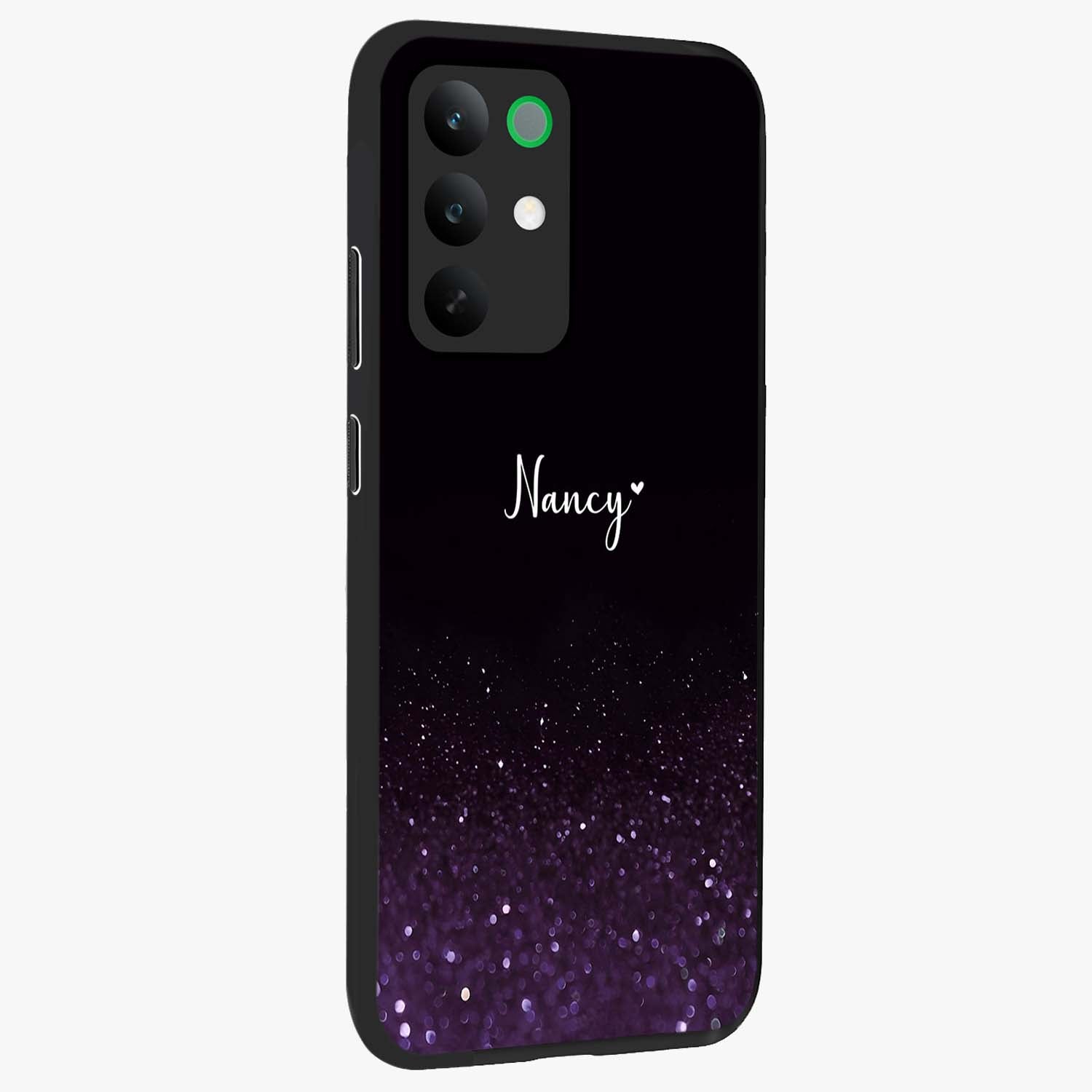 Glittery Purple Bokeh Custom Name Glass Case upright view showcasing vibrant purple sparkle artwork with personalized aesthetic style.