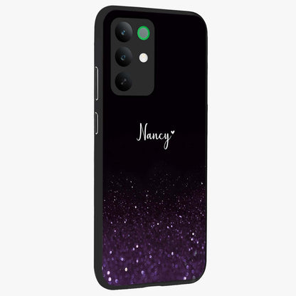 Glittery Purple Bokeh Custom Name Glass Case upright view showcasing vibrant purple sparkle artwork with personalized aesthetic style.