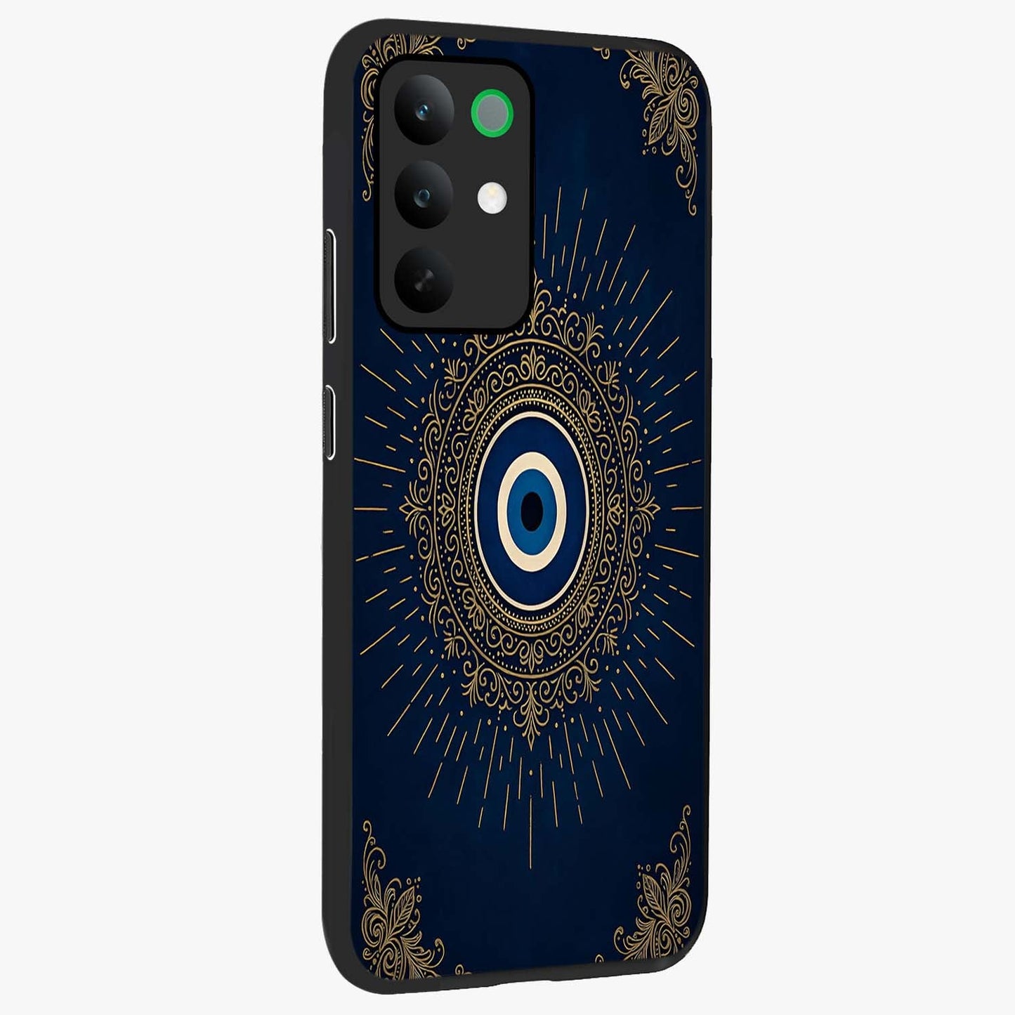 Golden Celestial Charm Glass Case upright view showcasing radiant celestial artwork with elegant golden theme.