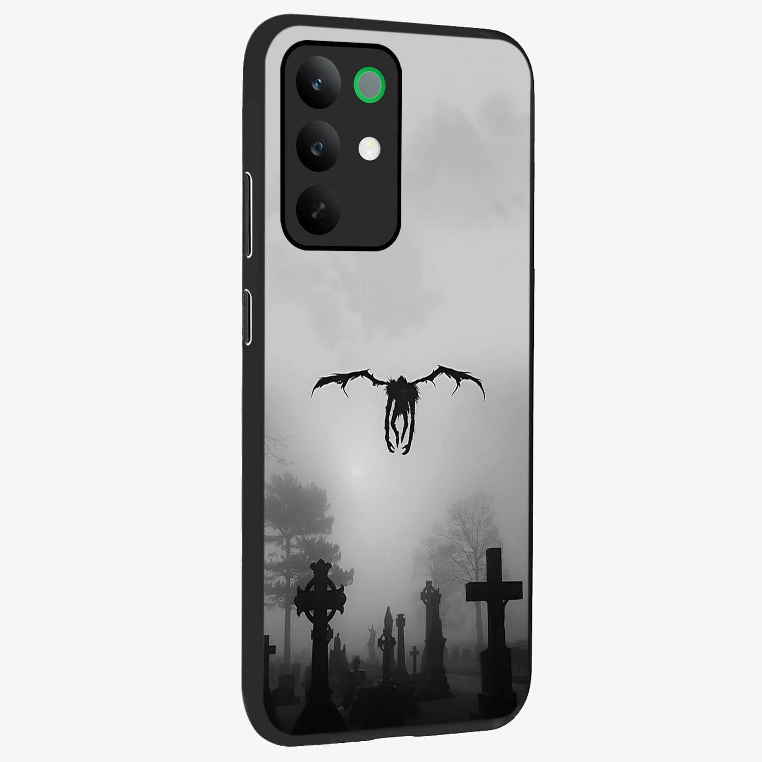 Graveyard Shadow Descent Glass Case upright view showcasing haunting graveyard artwork with dramatic dark theme.