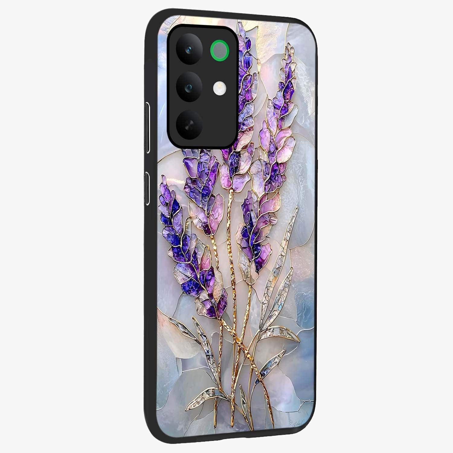 Lavender Dream Glow Glass Case upright view showcasing radiant lavender glow artwork with calming dreamy theme.