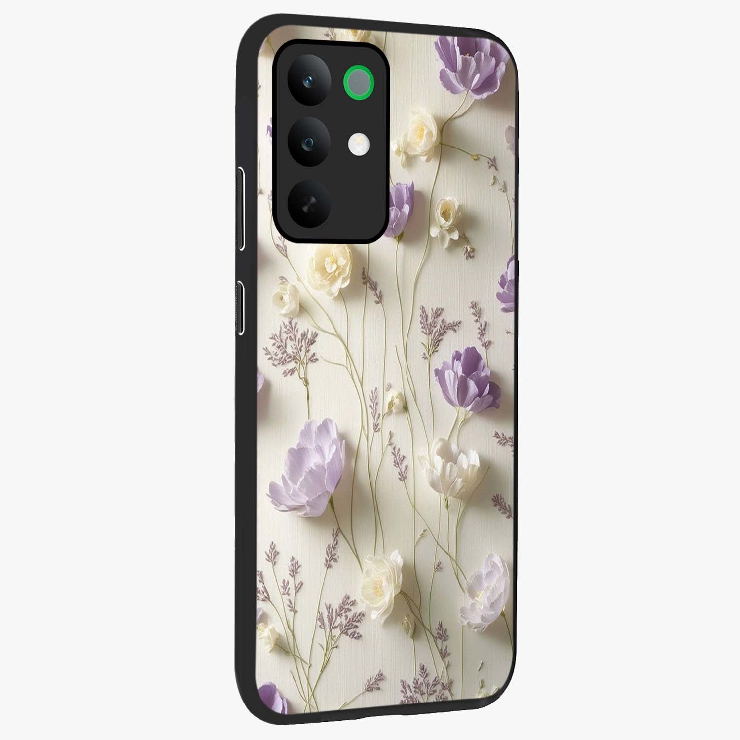 Lilac Breeze Harmony Glass Case upright view showcasing delicate lilac artwork with peaceful floral theme.