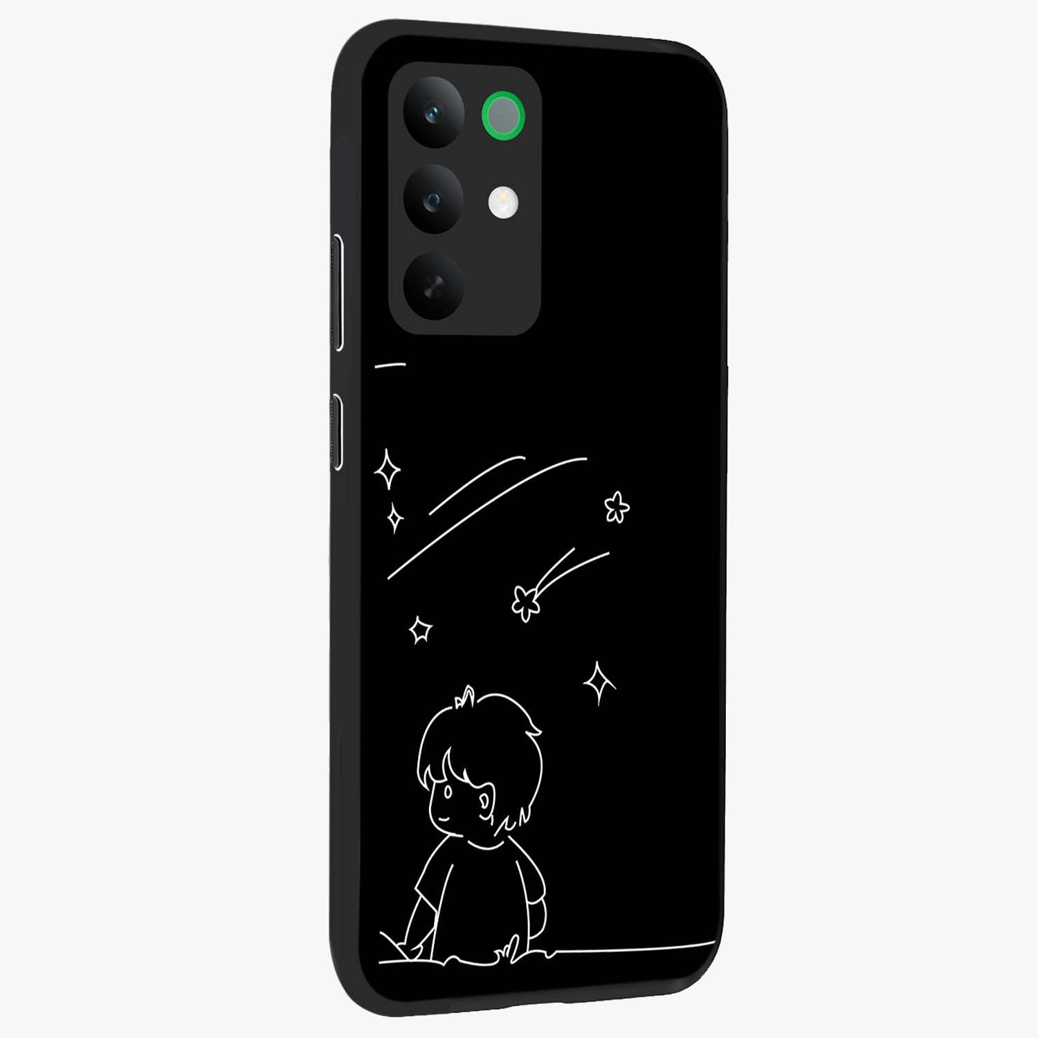 Line Art Boy With Shooting Stars Glass Case upright view showcasing artistic shooting star illustration with minimal style.