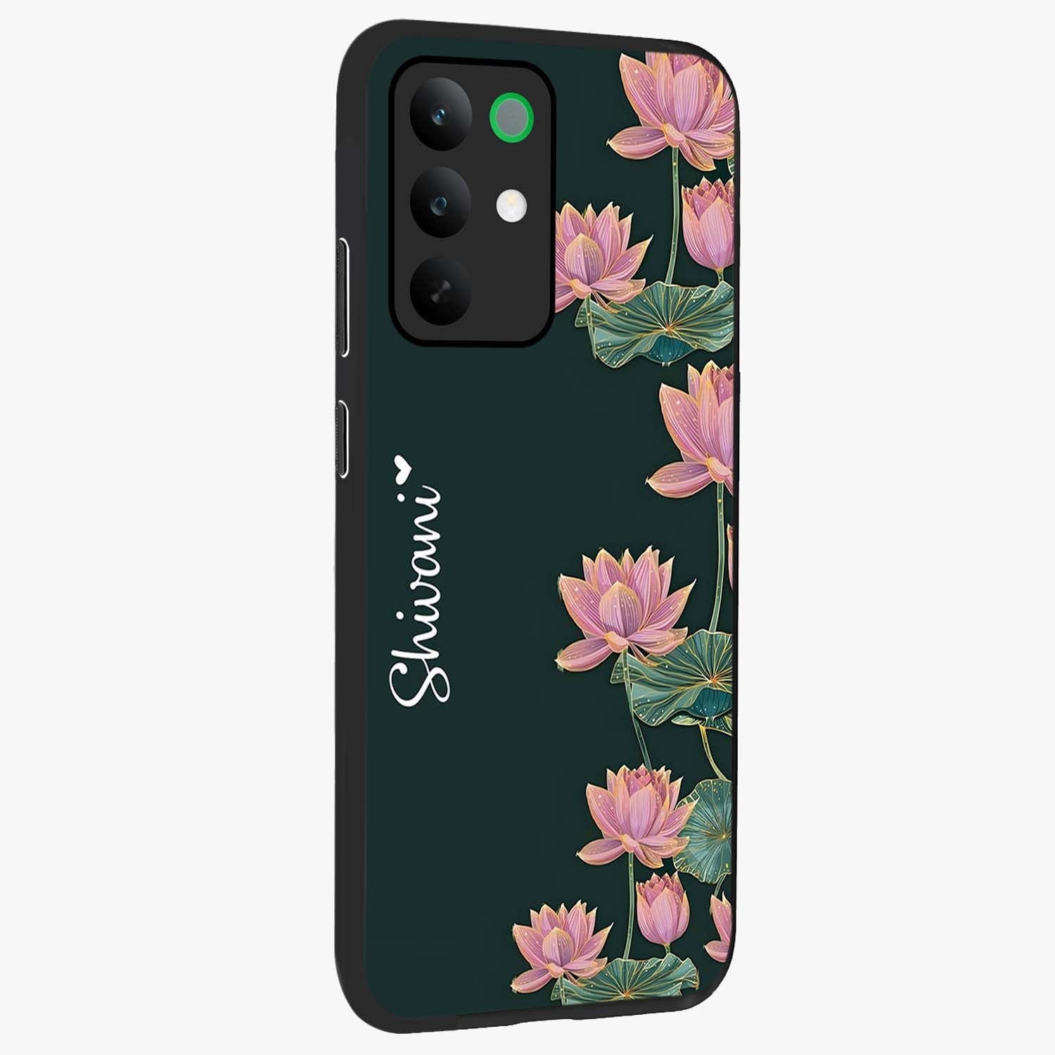 Lotus Bloom Serenity Custom Name Glass Case upright view showcasing serene lotus bloom artwork with personalized floral aesthetic.