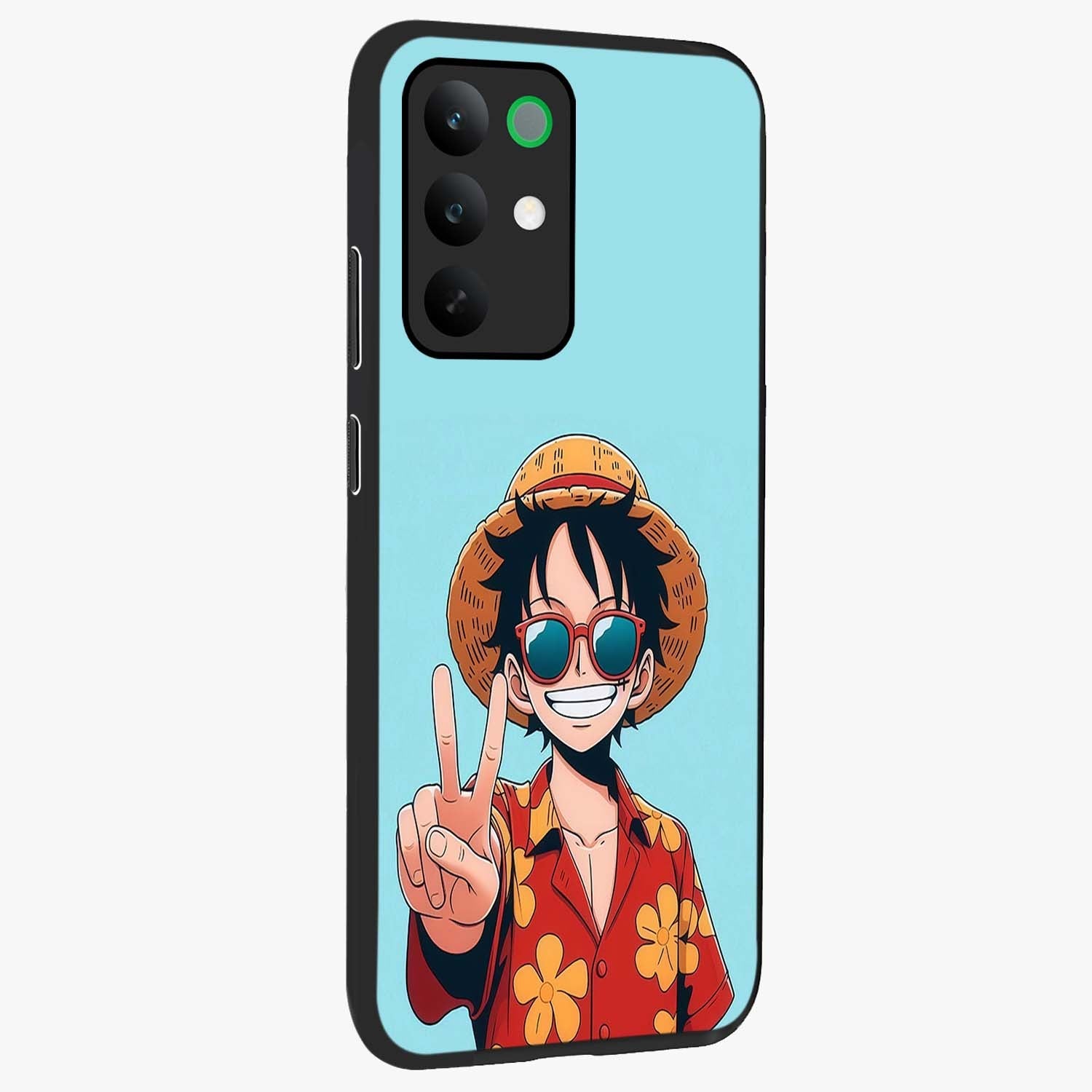 Luffy Summer Anime Vibe Glass Case upright view showcasing dynamic anime artwork with bright adventurous theme.