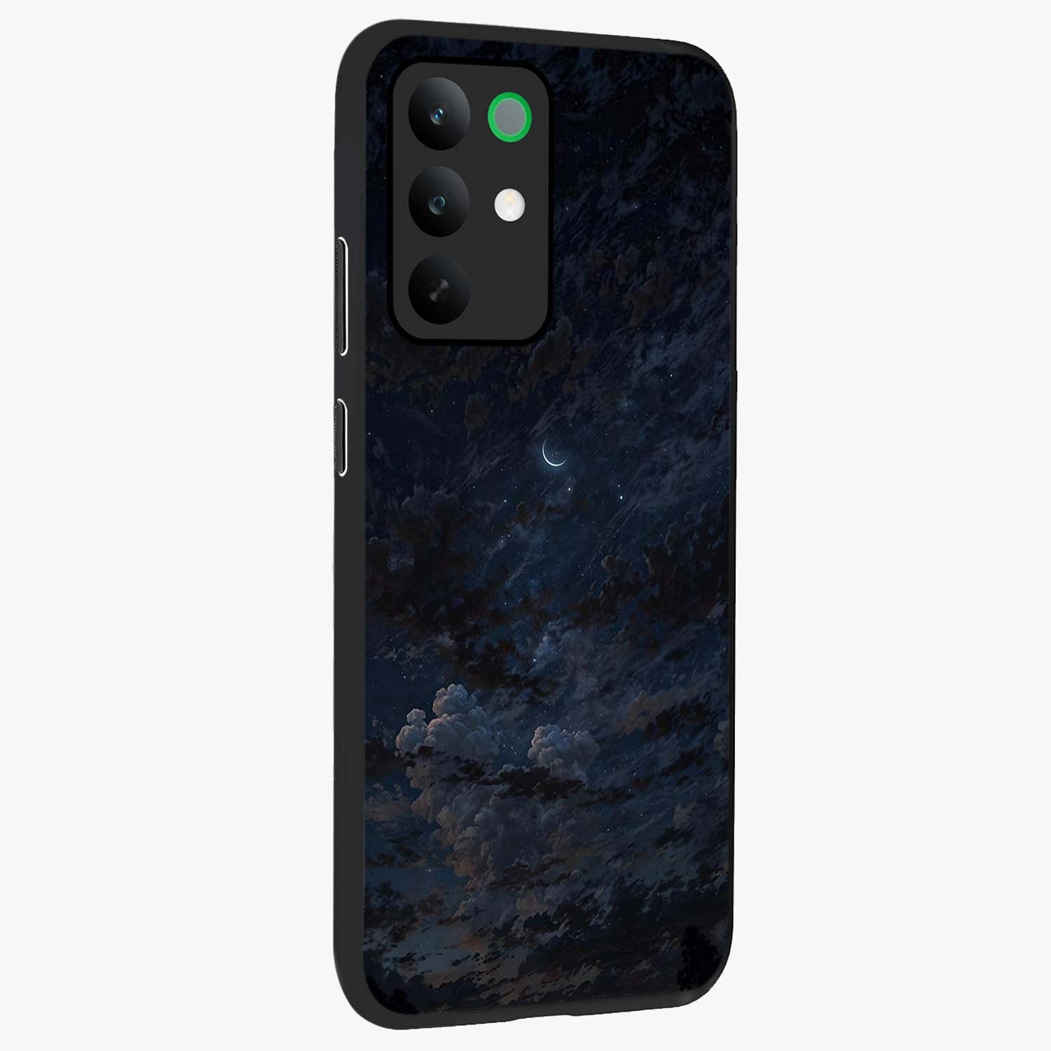 Lunar Veil Silence Glass Case upright view showcasing calm moon themed artwork with serene night atmosphere.