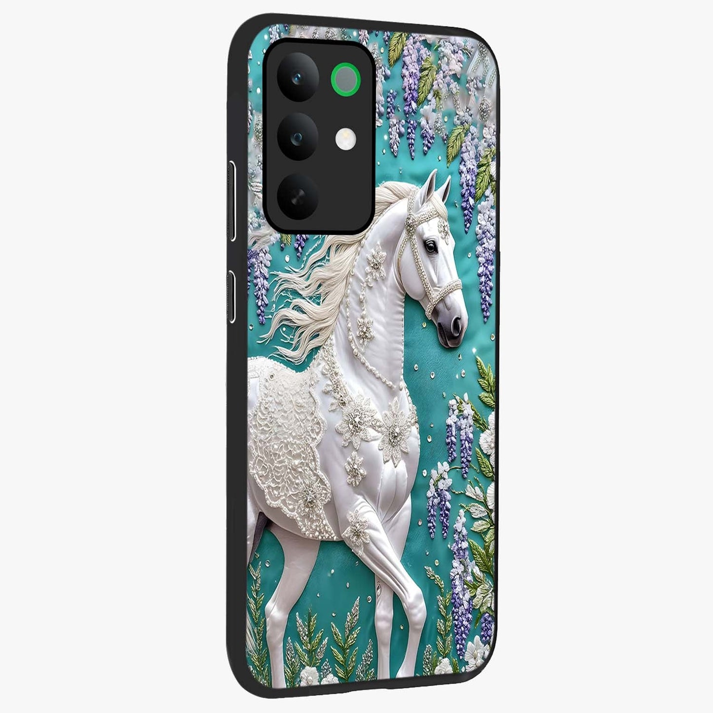 Majestic Floral Stallion Glass Case upright view showcasing dramatic horse artwork with decorative floral theme.