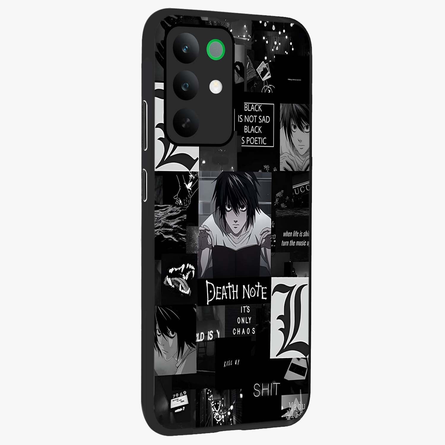 Midnight Chaos Mind Glass Case upright view showcasing expressive abstract artwork with bold dark theme.