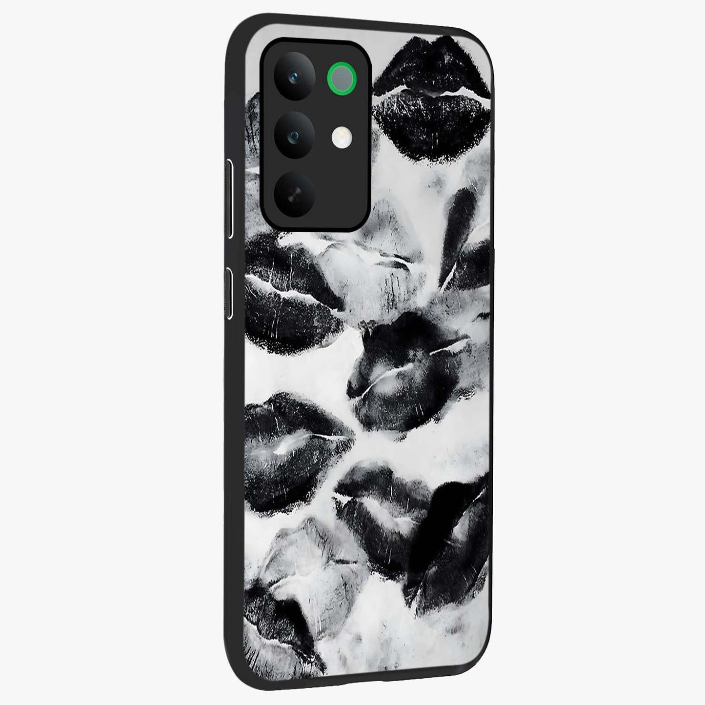 Midnight Kiss Marks Glass Case upright view showcasing stylish kiss mark artwork with trendy romantic theme.