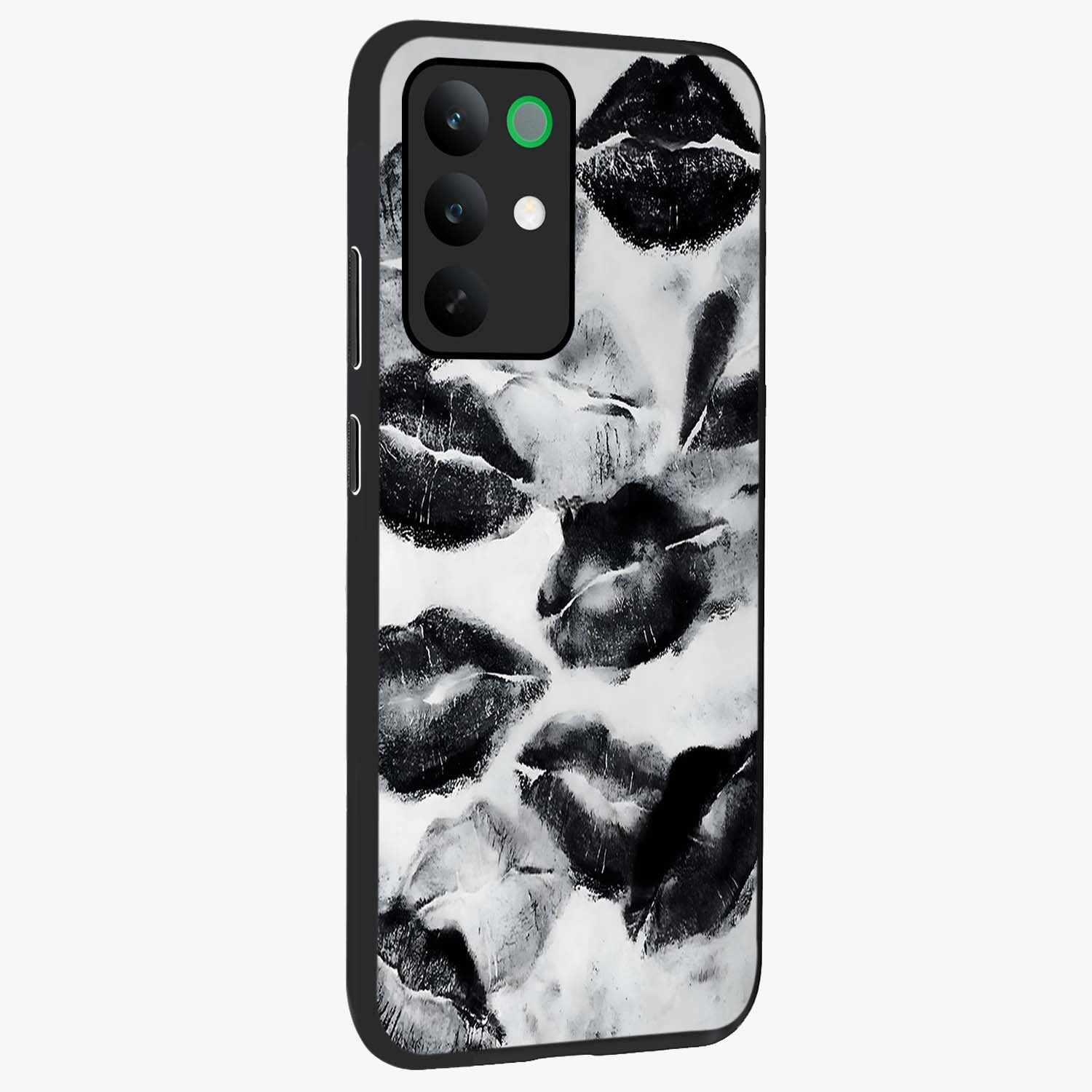 Midnight Kiss Marks Glass Case upright view showcasing stylish kiss mark artwork with trendy romantic theme.