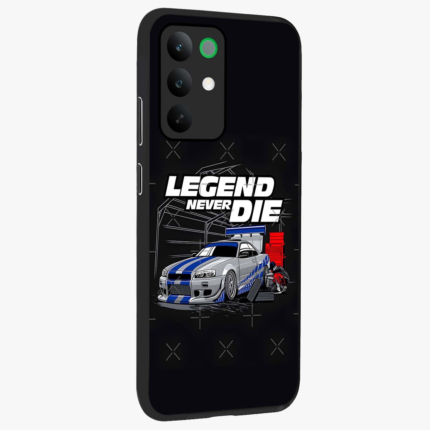 Midnight Racing Legacy Glass Case upright view showcasing powerful racing artwork with modern sports theme.