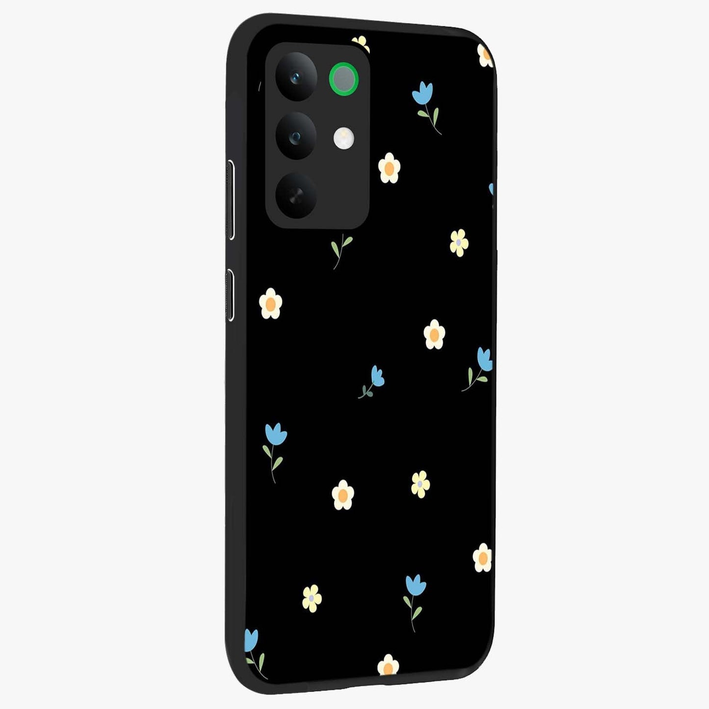 Minimal Petal Whispers Glass Case upright view showcasing elegant floral artwork with modern minimalist style.