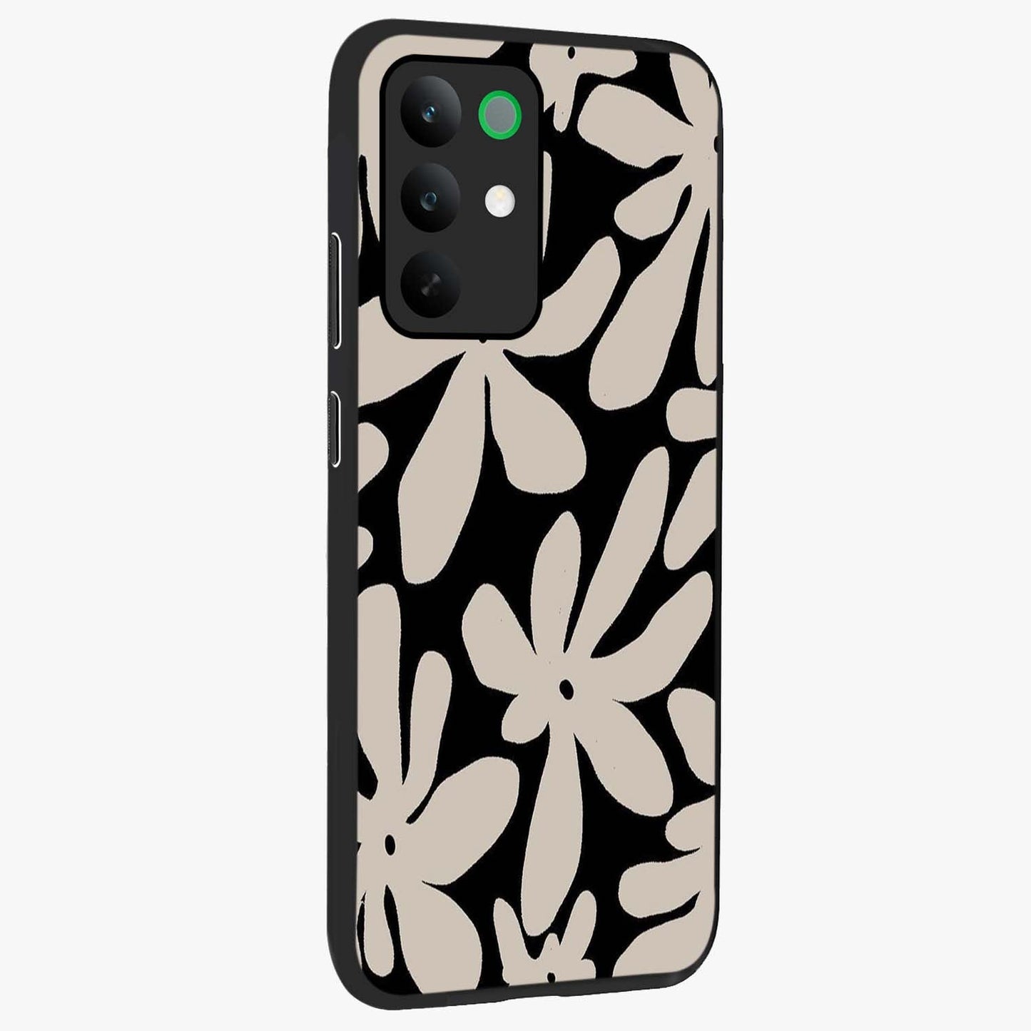 Monochrome Petal Dance Glass Case upright view showcasing artistic floral pattern with stylish monochrome theme.