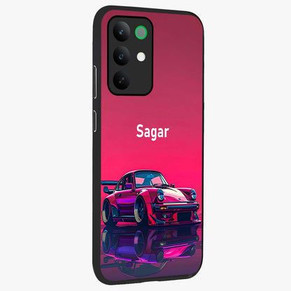 Neon Pink Porsche Glass Case upright view showcasing vibrant sports car artwork with bold automotive theme.