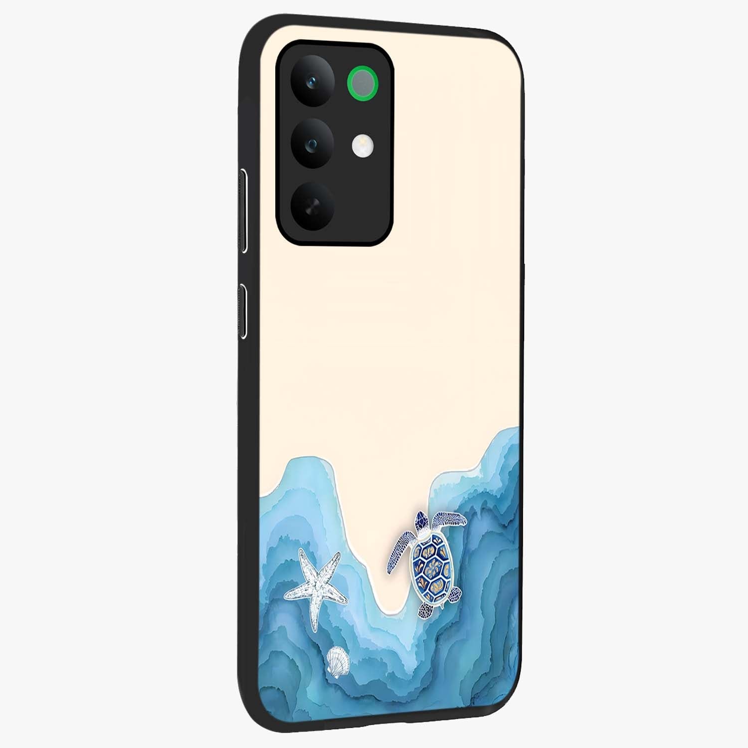 Ocean Drift Turtle Glass Case upright view showcasing calm underwater turtle artwork with nature inspired theme.