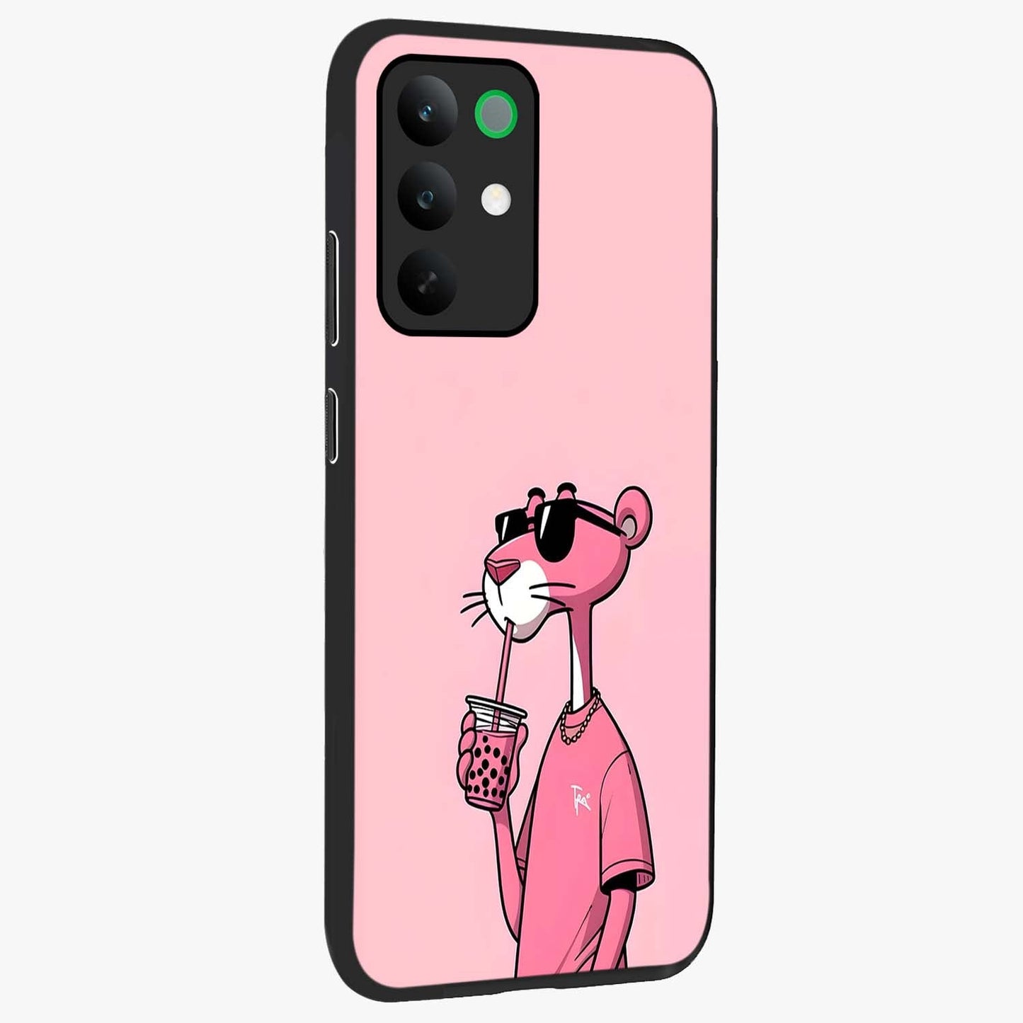 Pink Panther Glass Case upright view showcasing fun animated artwork with stylish retro cartoon theme.