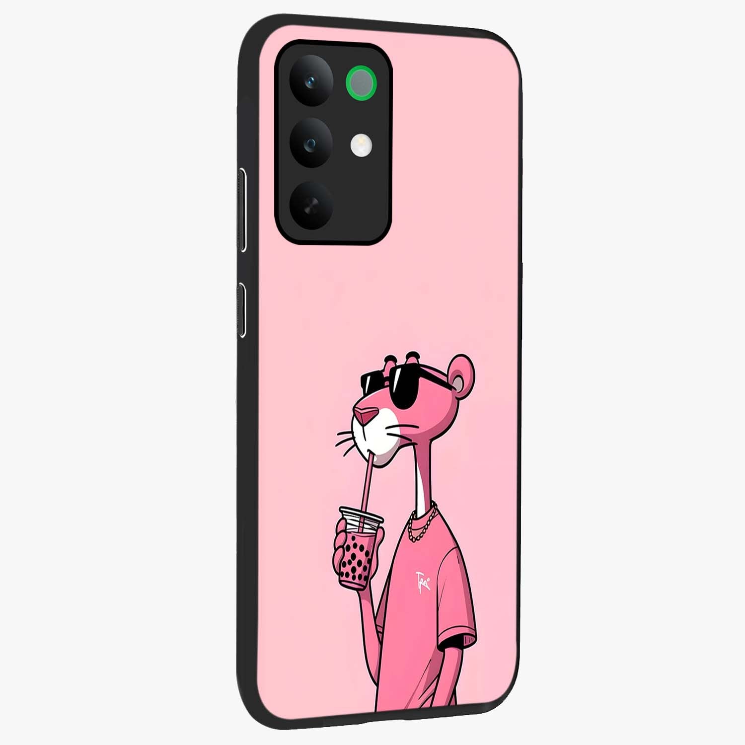 Pink Panther Glass Case upright view showcasing fun animated artwork with stylish retro cartoon theme.
